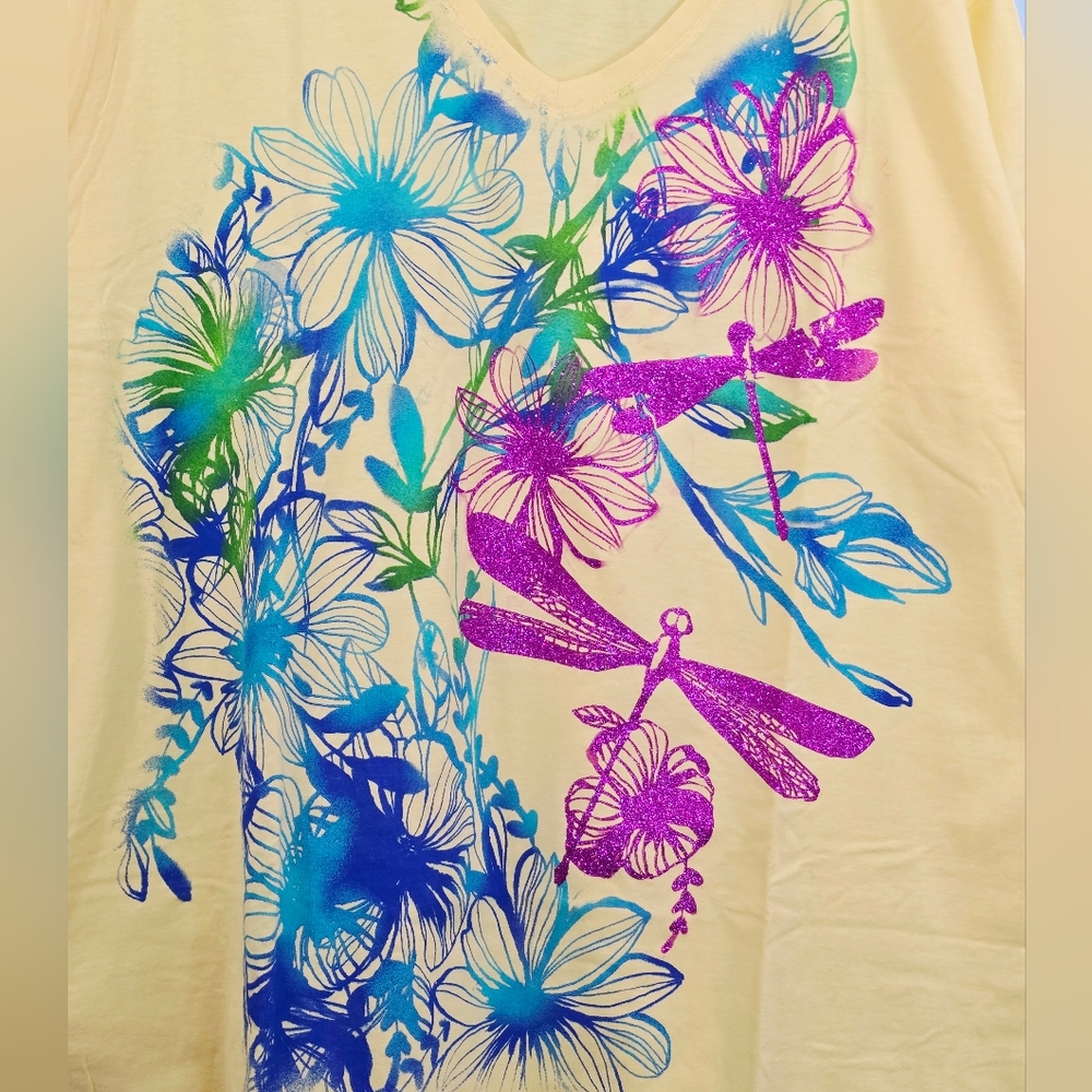 NWOT Just My Size Yellow V-Neck Tee with Blue, Green & Purple Floral Dragonfly - Picture 4 of 8